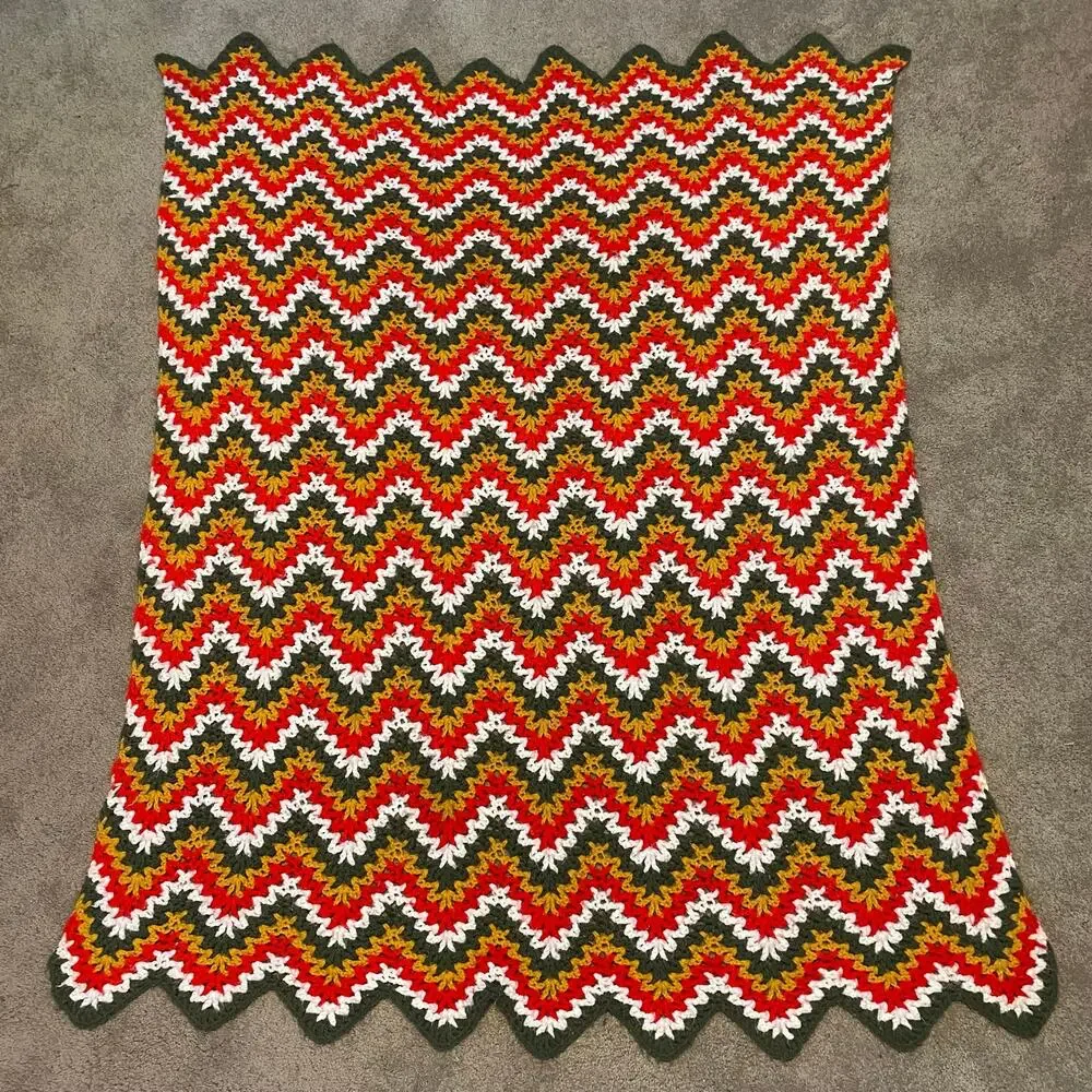 VTG Handmade Crochet Chevron Throw Blanket Multicolor Zig Zag Retro Afghan 46x60